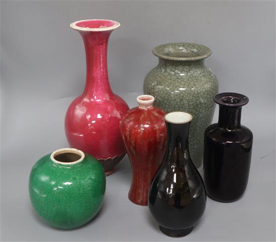 A group of Chinese crackle glaze and monochrome glaze vases etc. tallest 31cm